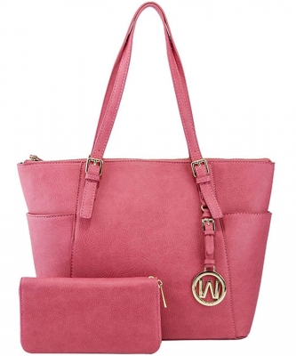 Fashion Faux Handbag with Matching Wallet Set WU1009W RASPBERRY PINK